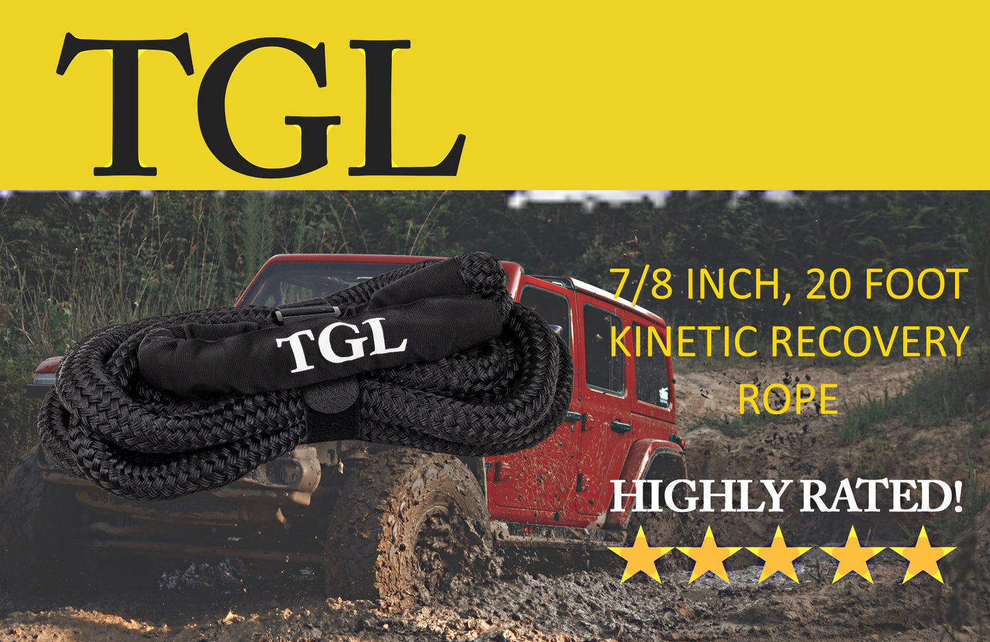 TGL 7/8 inch, 20 Foot Kinetic Recovery Rope, 28900 pounds Capacity