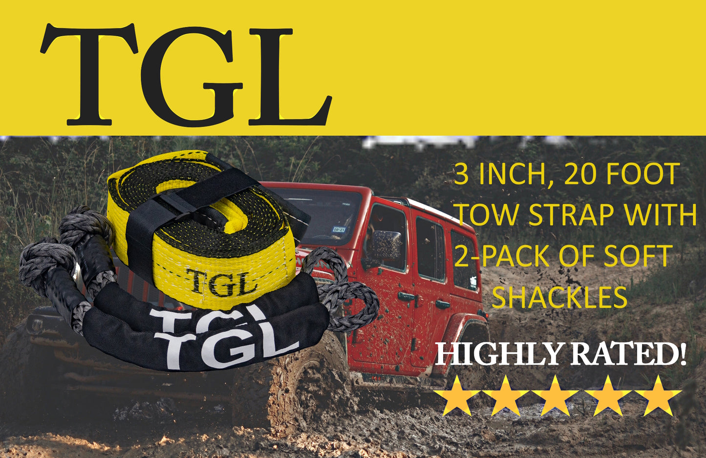 TGL 3 inch, 20 Foot Tow Strap with 2-Pack of 1/2 inch Soft Shackles