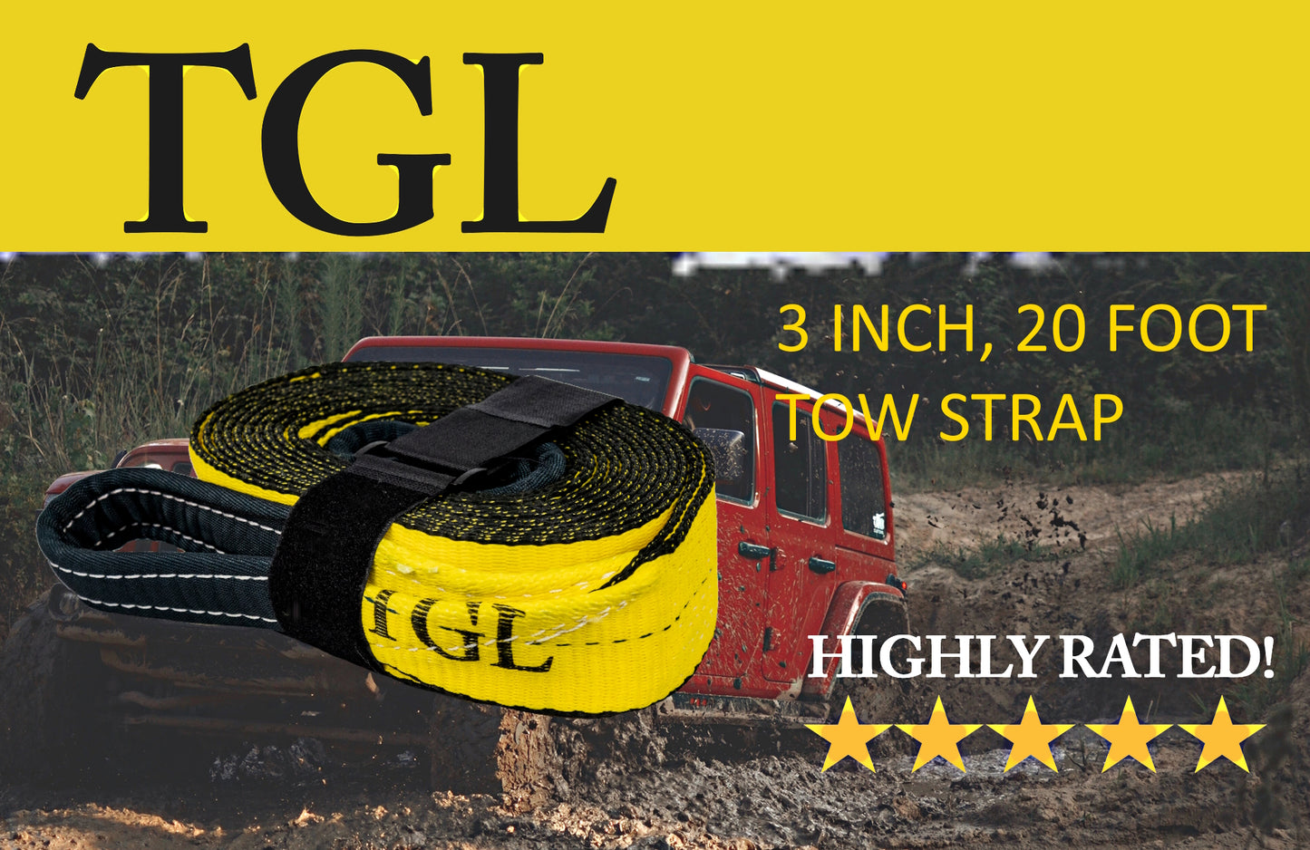 TGL 3 inch, 20 Foot Tow Strap, 30,000 Pound Capacity with Reusable Storage Strap