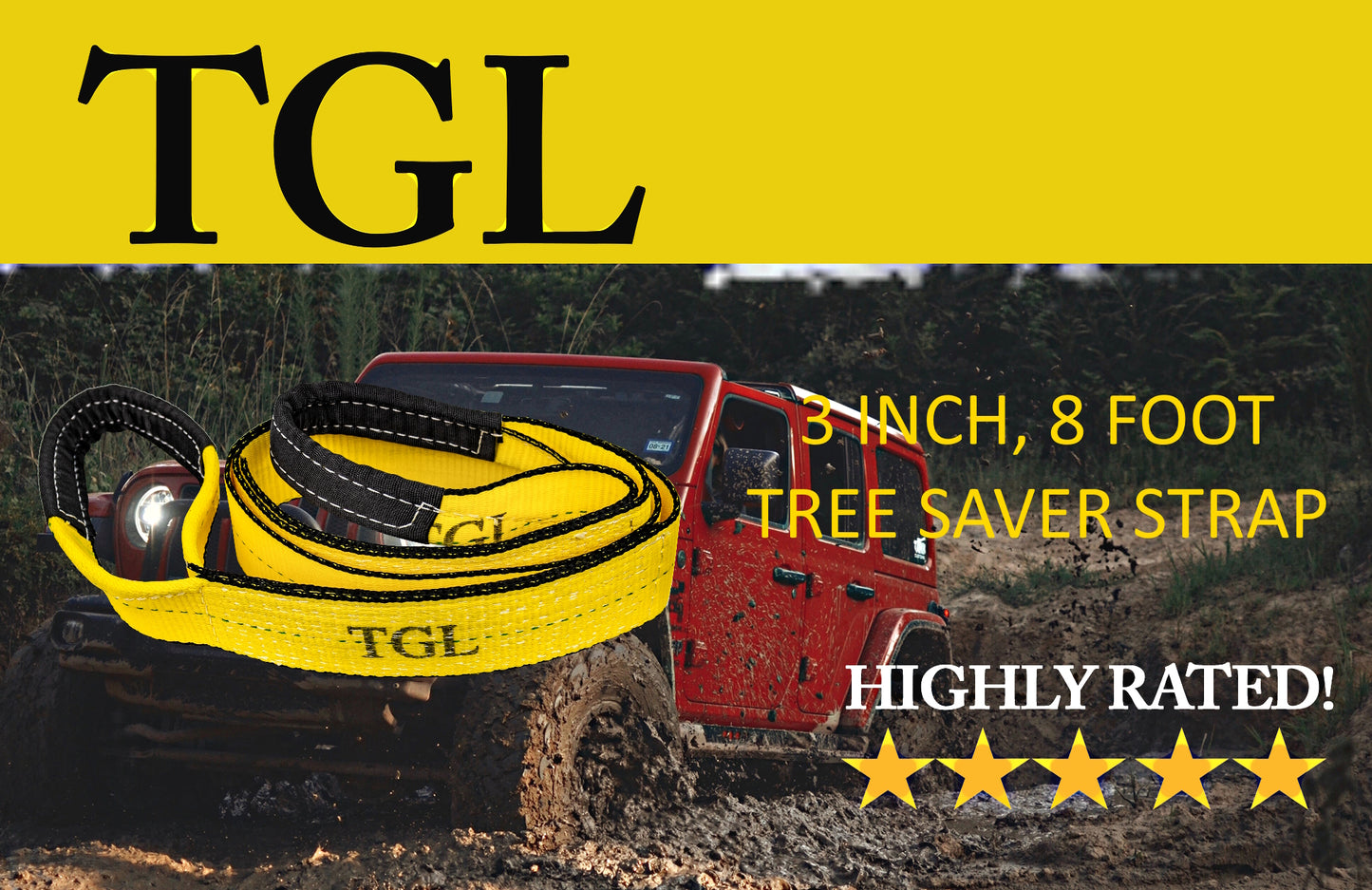 TGL 3 inch, 8 Foot Tree Saver, Winch Strap, Tow Strap 30,000 Pound Capacity